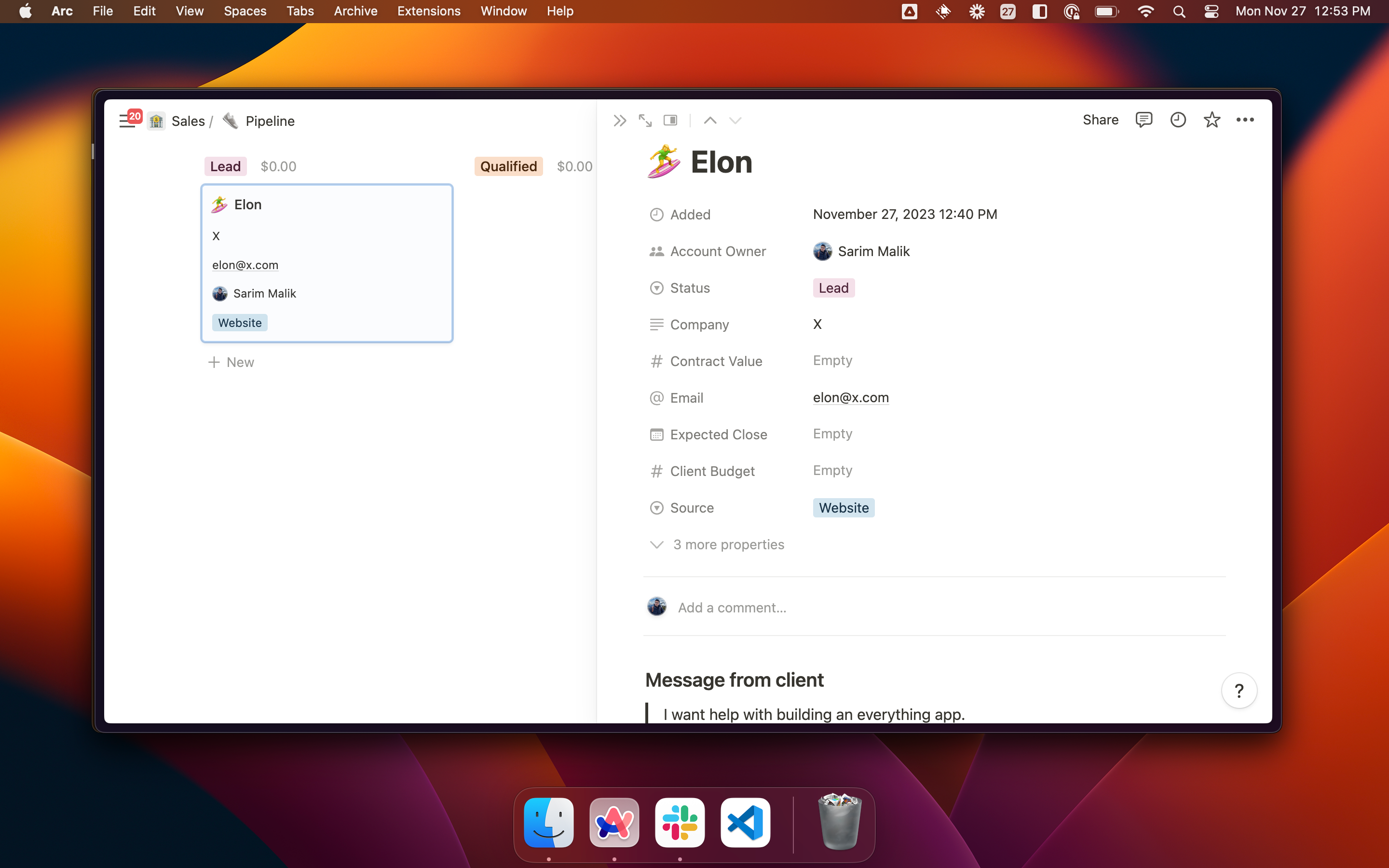 Screenshot of Notion showing the entry created from the contact form. Elon, November 27, by Sarim Malik, status lead, etc.