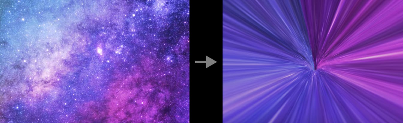 Flat purple nebula image with an arrow pointing to the version mapped to a 3D tunnel shape