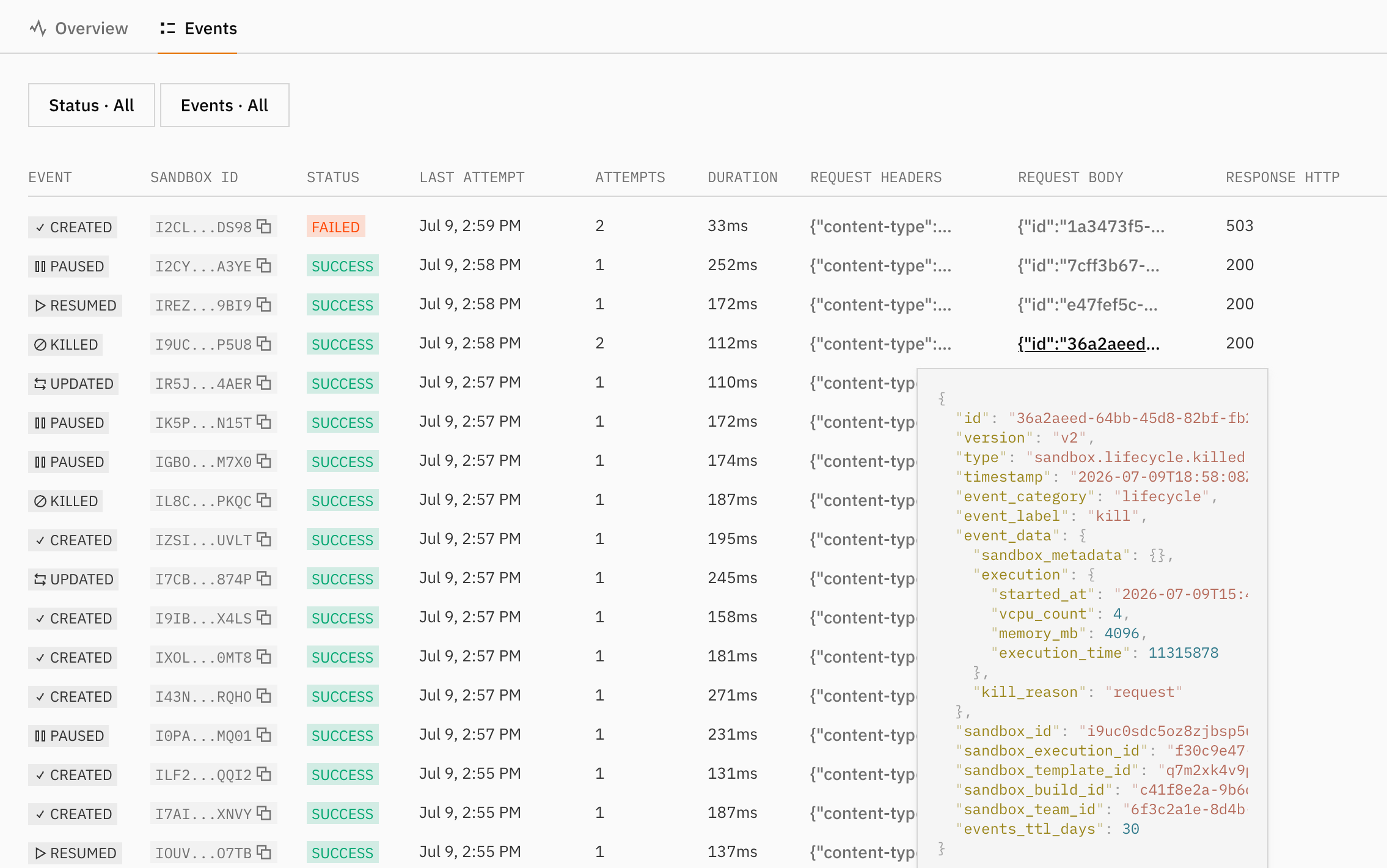 Webhook deliveries in the E2B dashboard: each sandbox event with its status, attempts and duration, and one delivery open to the payload E2B sent