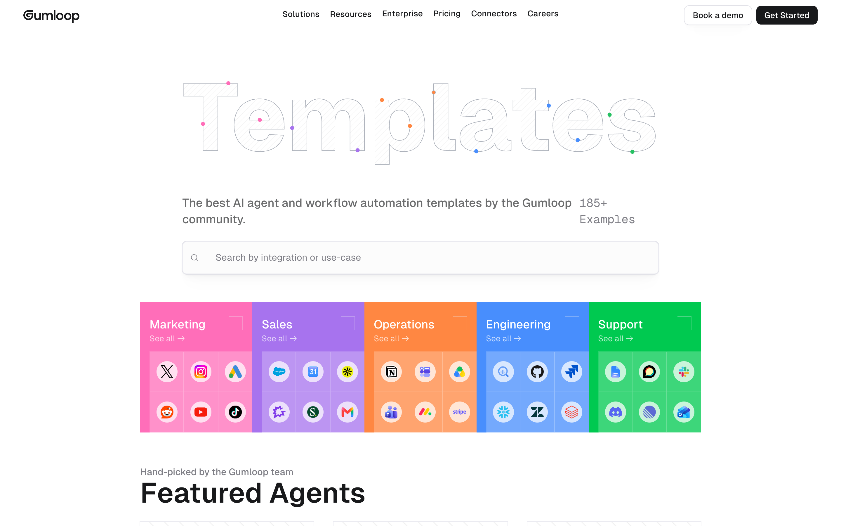 Gumloop’s public template marketplace, with templates sorted into Marketing, Sales, Operations, Engineering and Support