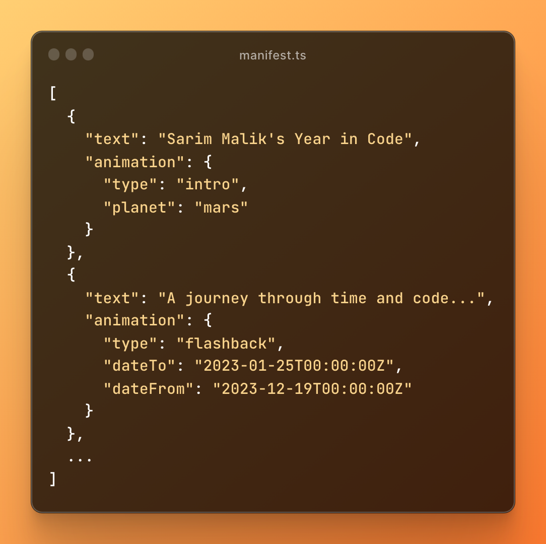 Code snippet of the video manifest: text, animation, etc.