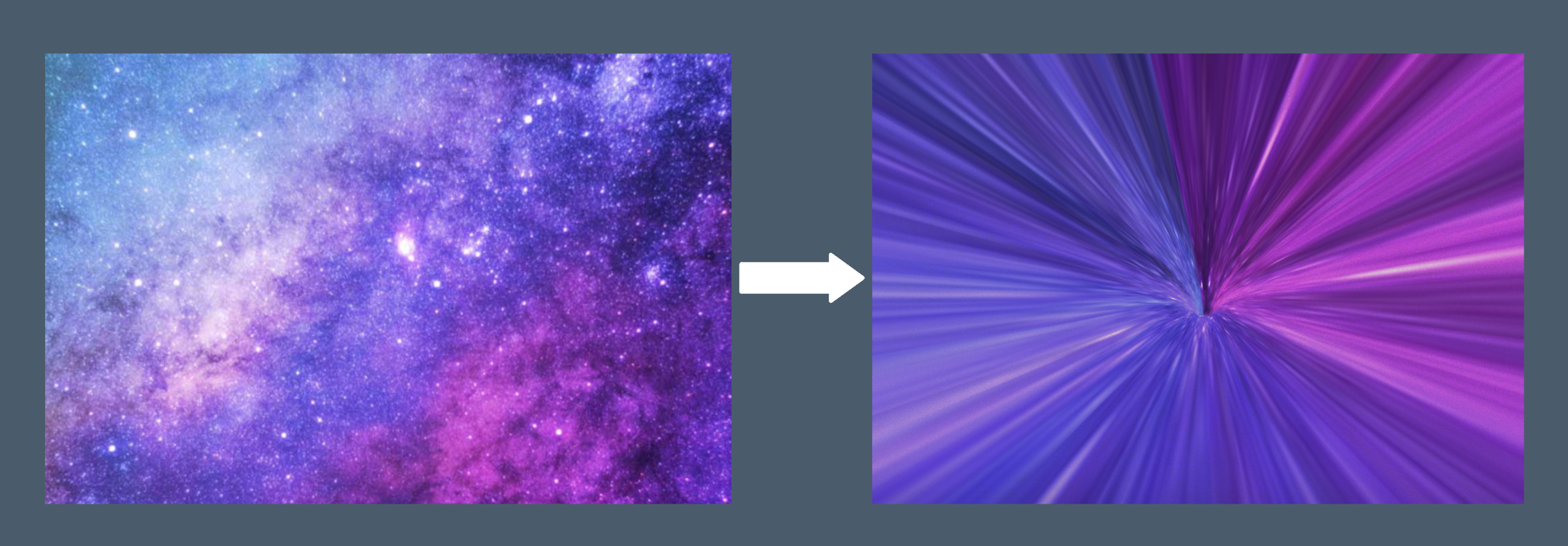 Flat purple nebula image with an arrow pointing to the version mapped to a 3D tunnel shape