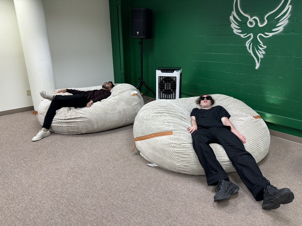 Hanging out on beanbags at the E2B office in San Francisco